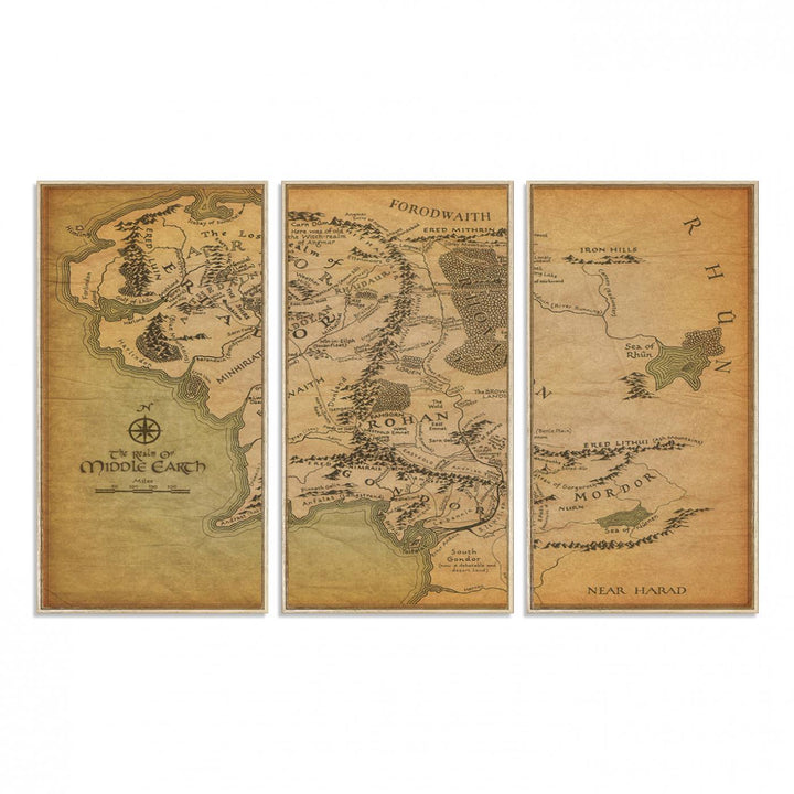Vintage J.R.R. Tolkien Middle-Earth Map 3 Panel Canvas, perfect as wall art for home or office decor.