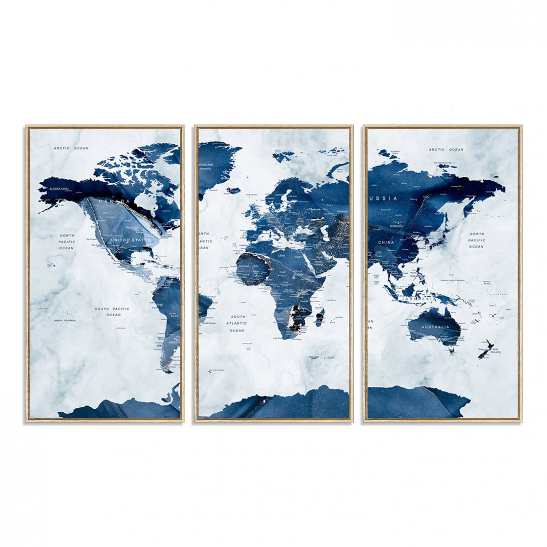 Navy Blue World Map with Antarctica Canvas: A perfect abstract home decor piece featuring a grunge-stained background.