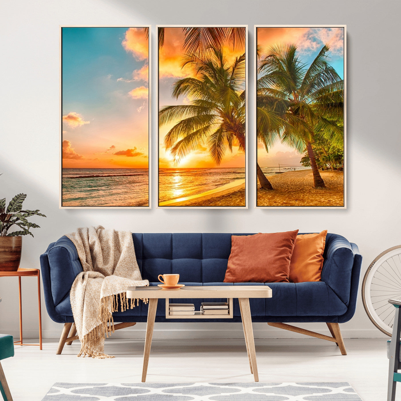 MGV-FC-48X32-3P - Tropical Sunset Beach Canvas Wall Art Print – Vibrant Palm Trees and Coastal Sunset Wall Decor for