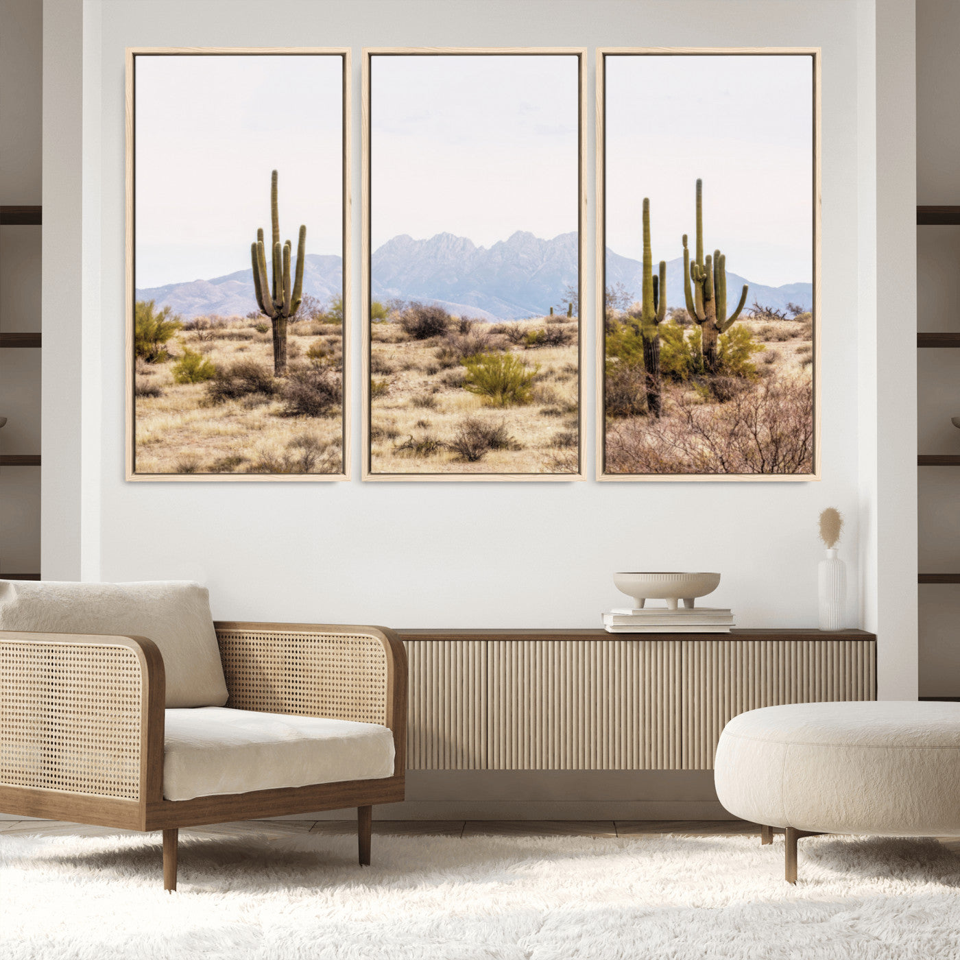 97436-MGV-FC-60X40-3P_Natural-Arizona Desert Wall Art Print | Arizona Desert Canvas Print with Saguaro Cacti | Southwestern Landscape Wall Art | Framed Farmhouse Decor