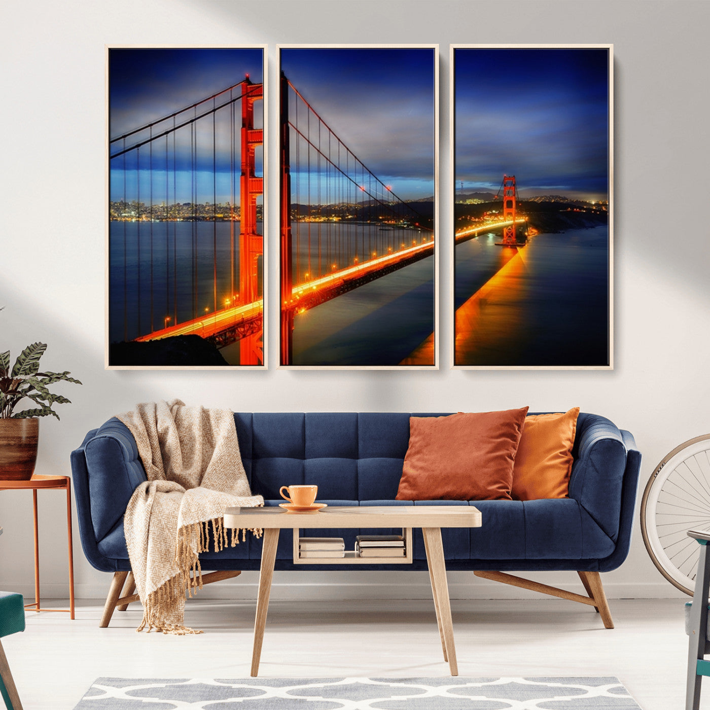 MGV-FC-48X32-3P - Large Wall Art San Francisco Canvas Print - Wonderful Golden Gate Bridge at Twilight