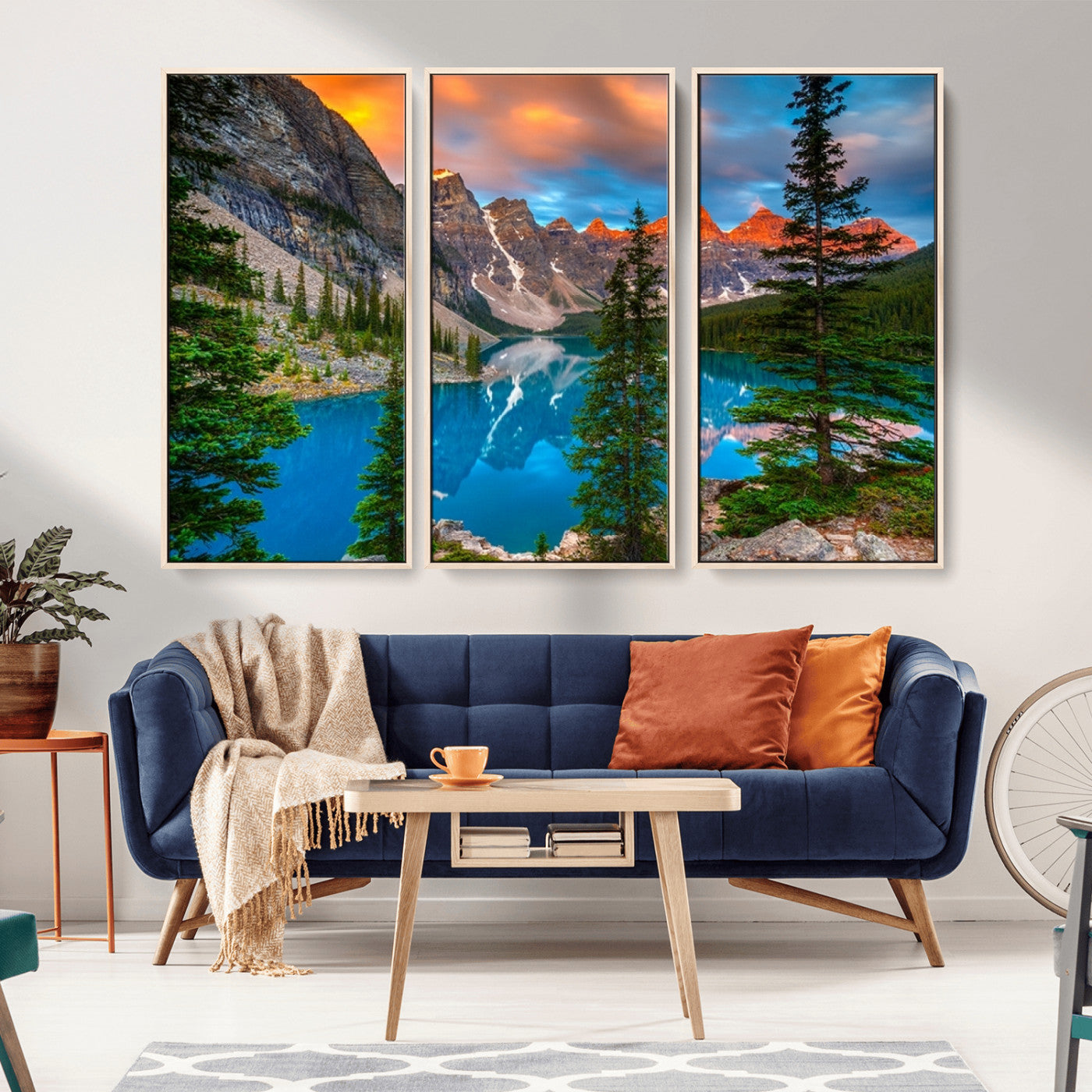 MGV-FC-48X32-3P - Canadian Rockies Moraine Lake Wall Art Canvas Print, Pine Trees Mountain Spring Canvas Print