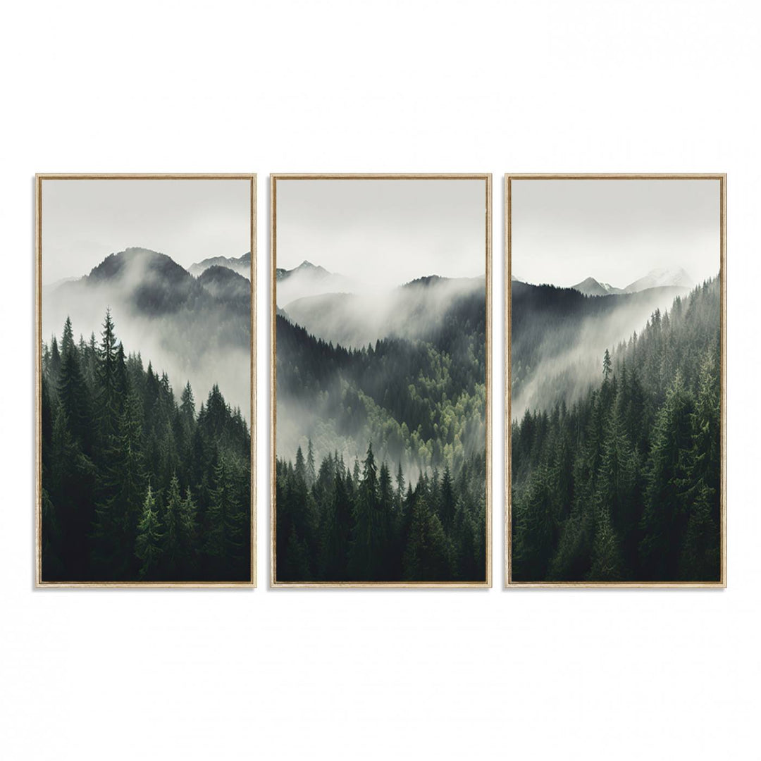 The Misty Forest Canvas Print Wall Art captures a serene misty forest scene with fog and mountains.