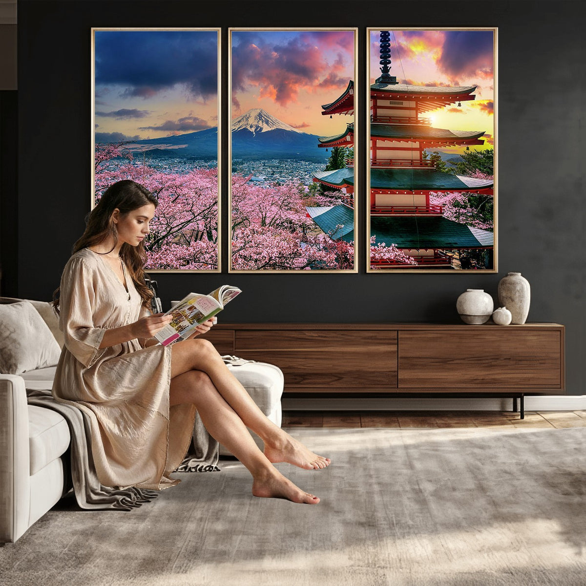 95987-MGV-CV-24X16 - Cherry Blossoms Canvas Print, Chureito Pagoda and Mount Fuji Wall Art