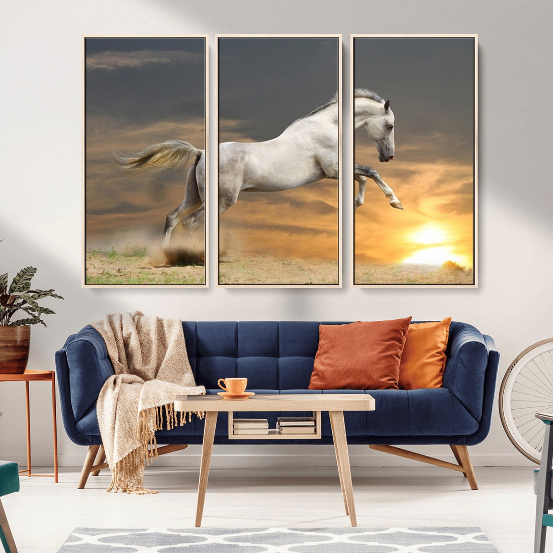Large Wall Art Canvas Print, White Jumping Horse at Sunset