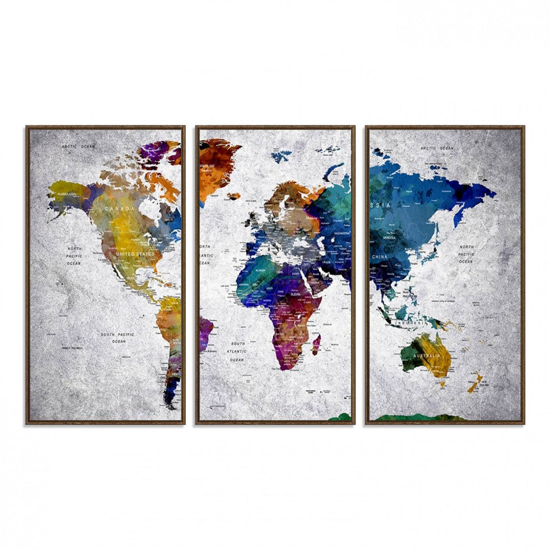 The World Map Art Canvas Print, featuring country names on a grunge-stained gray background, is perfect for stylish home decor.