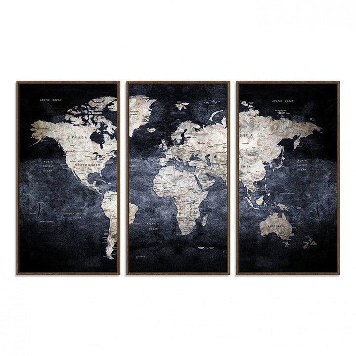 Rustic Black and Bronze World Map Canvas Triptych features white continents on a grunge-stained background.