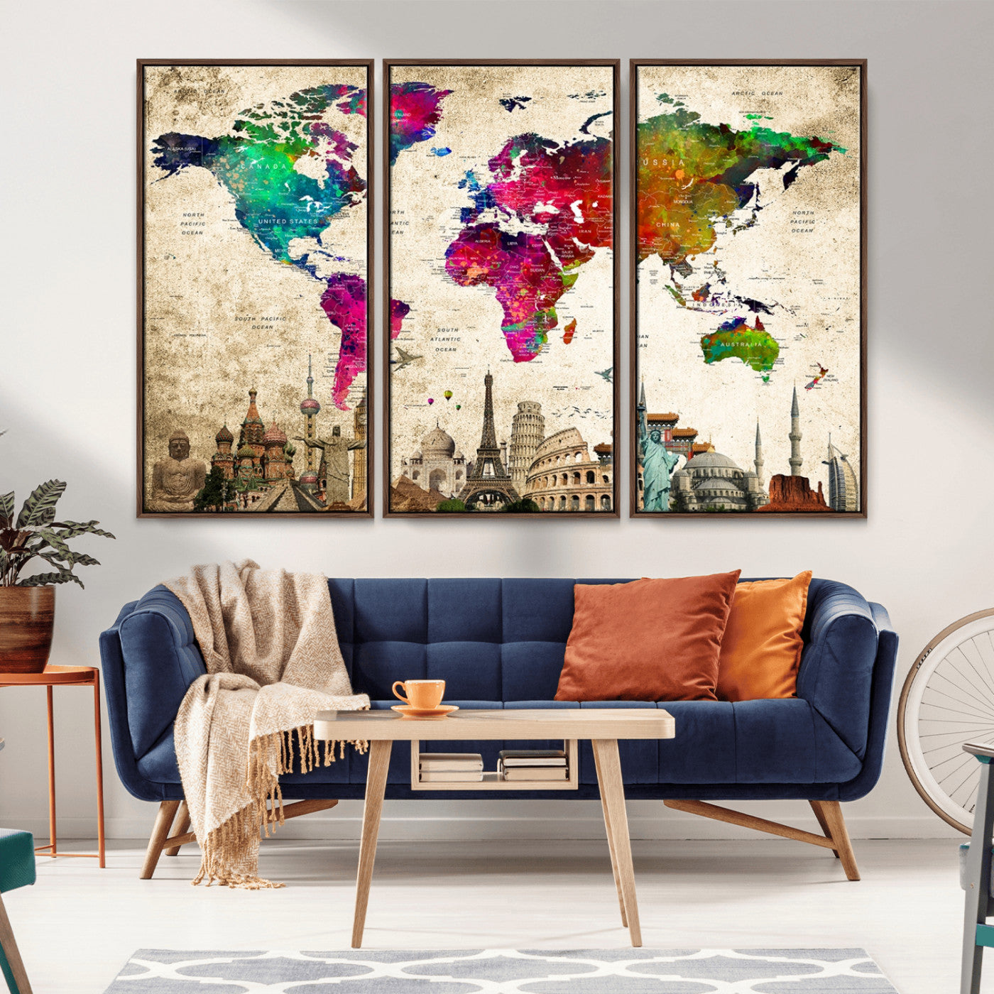 MGV-FC-48X32-3P - Push Pin World Map Canvas Print – Framed Wall Art for Couples to Track Their Travels – Anniversary