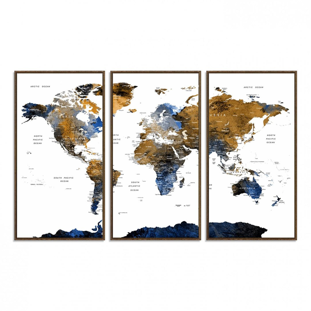 The Watercolor World Map Canvas showcases a grunge-stained background in gold, gray, and blue hues.