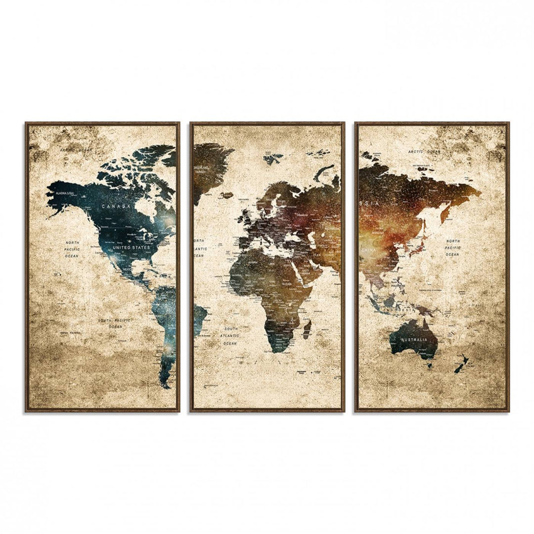 Grunge World Map Canvas featuring earth-toned continents, suitable for study, office, or living room.