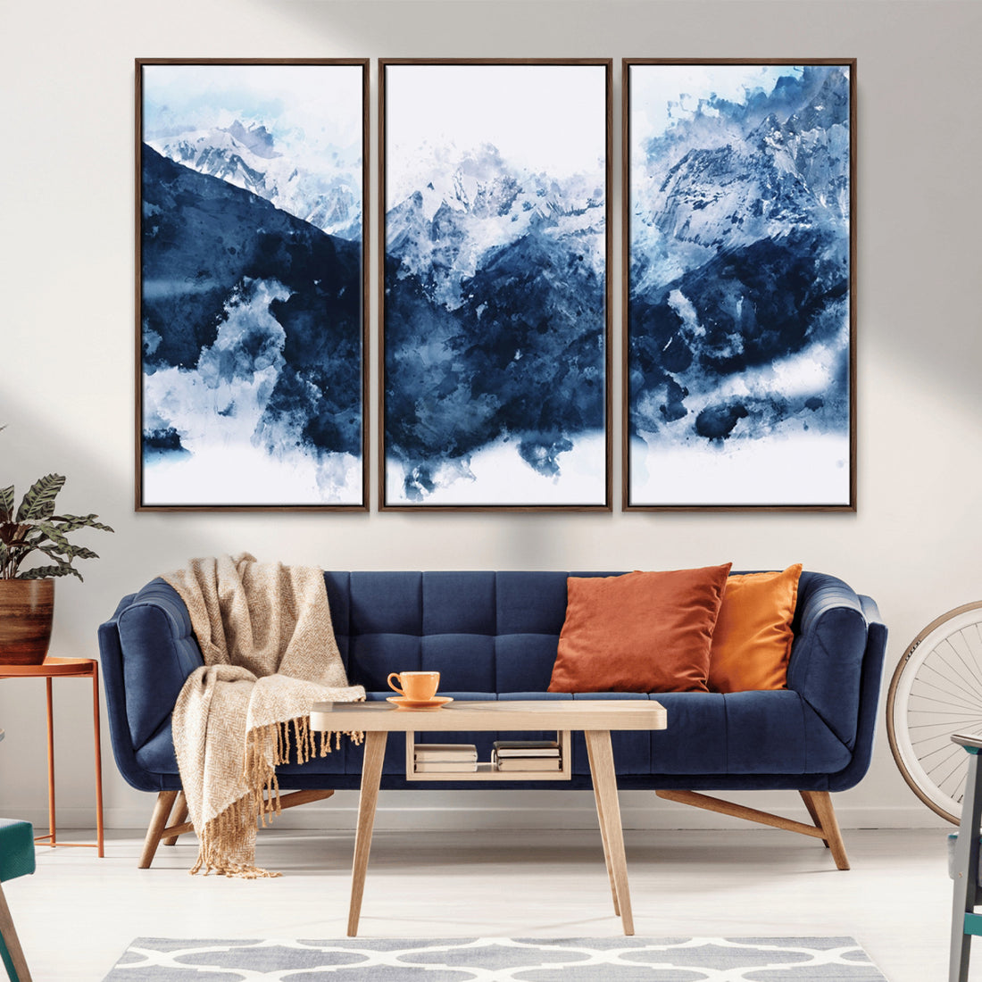 Abstract Blue Mountain Canvas Wall Art | Modern Triptych Landscape Print