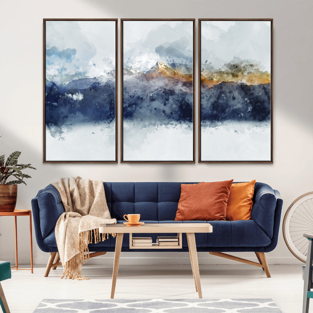 Abstract Mountain Range Art Canvas Print | 3 Panel Blue and Orange Watercolor Landscape
