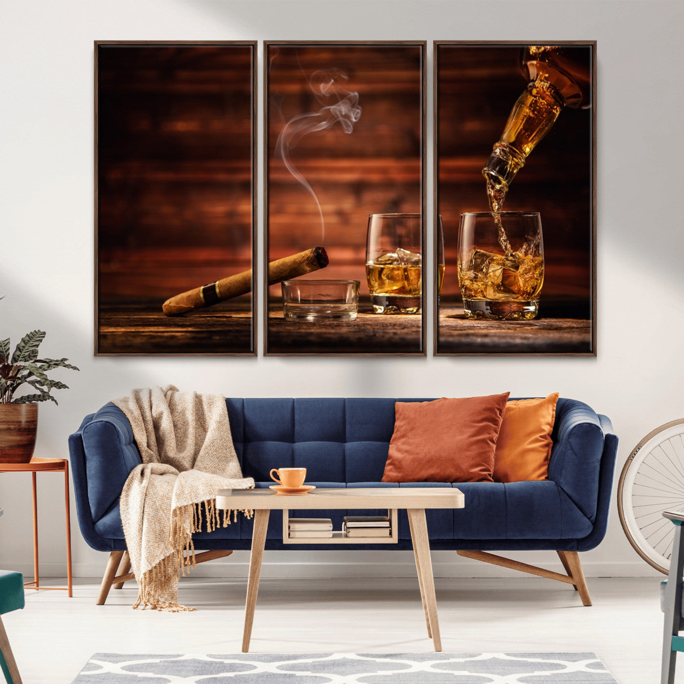 MGV-FC-48X32-3P - Whiskey and Cigar Wall Art Canvas | 3 Panel Bar Room Decor for Home Lounge, Office, or Man Cave |