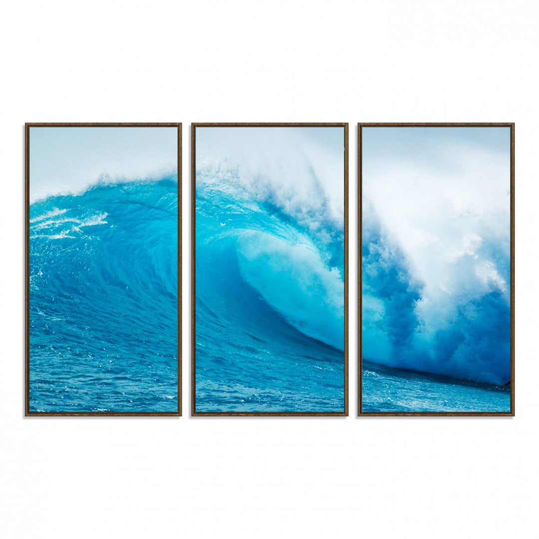 A museum-quality canvas depicting a vibrant blue ocean wave with white foam under a clear sky.