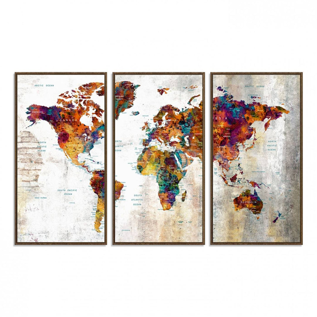 A vibrant Grunge Map Canvas Wall Art Set (3 Panels) for home or office decor, perfect for travel enthusiasts.