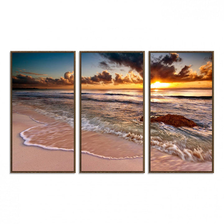 The Sunset on Ocean Wall Art Canvas Print beautifully captures a beach sunset, gentle waves, and a peaceful atmosphere.