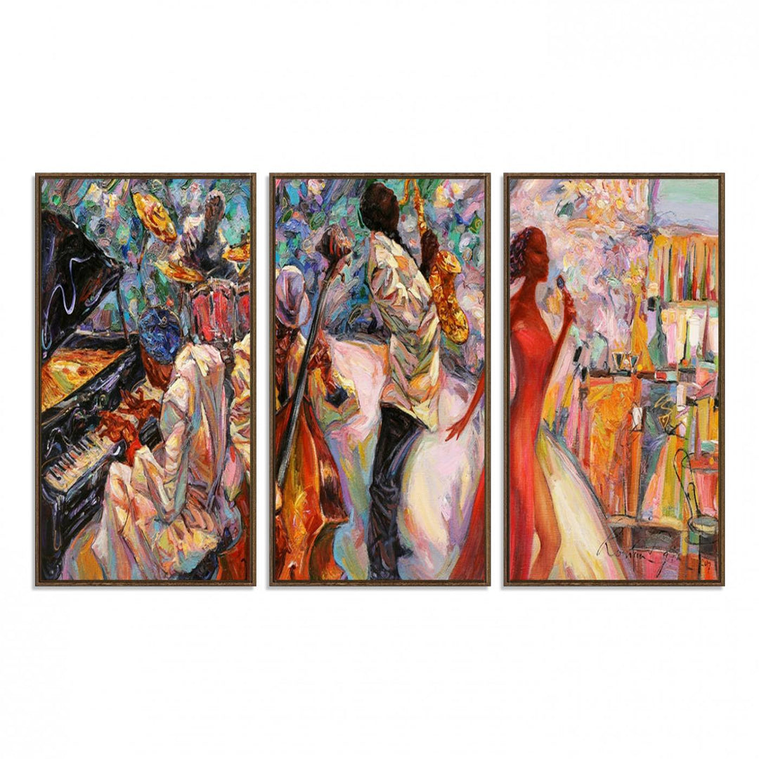 The Abstract Afro American Jazz Canvas captures a vibrant jazz band and showcases a woman dancing in red, making it perfect for dining or music spaces.