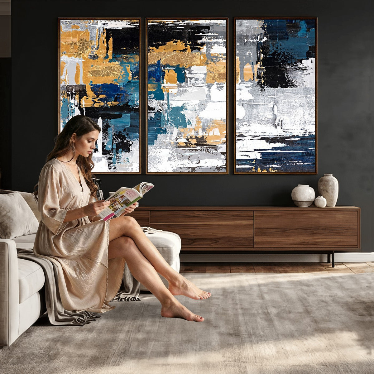 57708-_Poster-30x20 - Blue and Gold Abstract Canvas Wall Art | Triptych Modern Art Print
