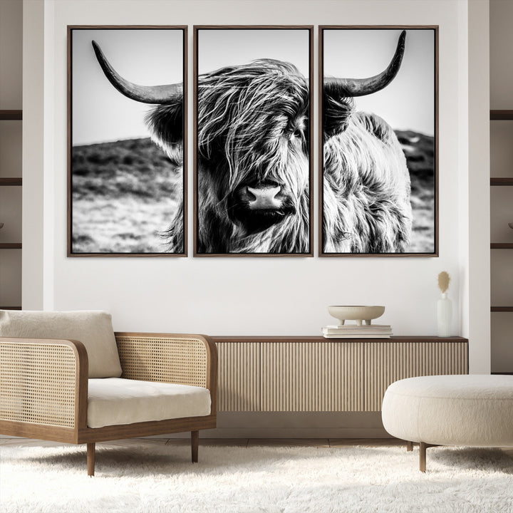 Highland Cow Wall Art | 3-Panel Black and White Highland Cow Canvas Print for Western Farmhouse Decor