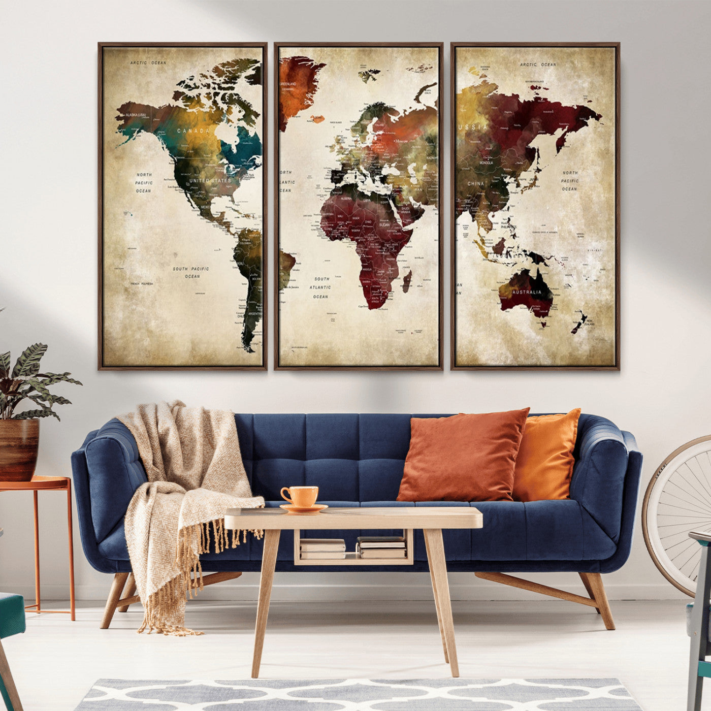 MGV-FC-48X32-3P - Large World Map Wall Art Canvas Print, Framed Push Pin Map Art Picture Print, Abstract Traveller Map Perfect Modern Decor Artwork