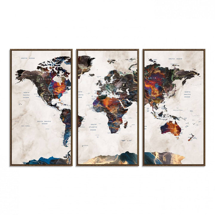 Watercolor World Map Canvas Print in earthy hues with a grunge background, ideal for wall decor.