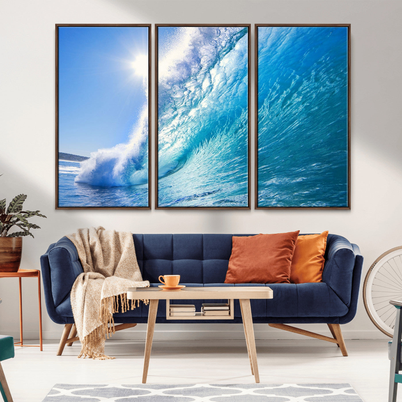 MGV-FC-48X32-3P - Blue Big Wave Surfing Ocean Canvas Wall Art Artwork Print , Surf Wall Art, Sea Wall Art