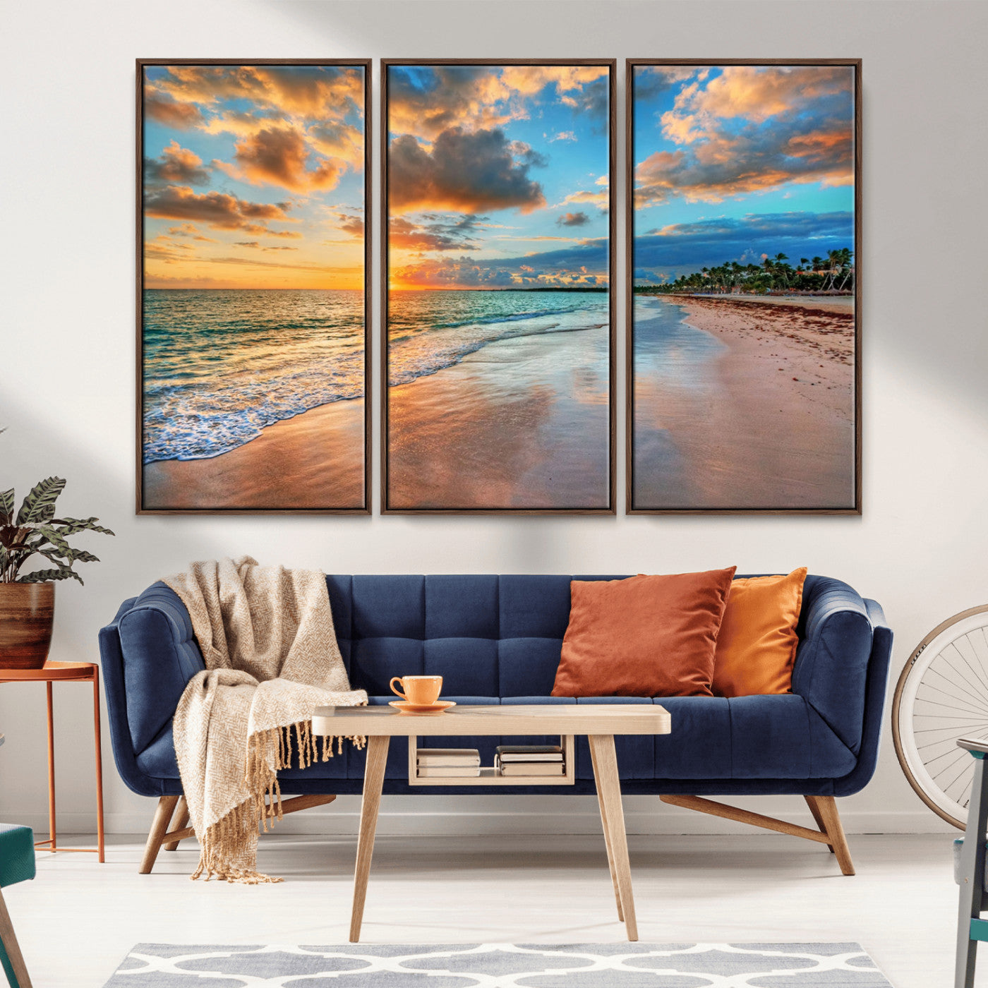MGV-FC-48X32-3P - Sunset Ocean Waves on Tropical Beach, 3-Panel Giclee Canvas Art for Coastal Home Decor, Vibrant Palm-Lined Shore