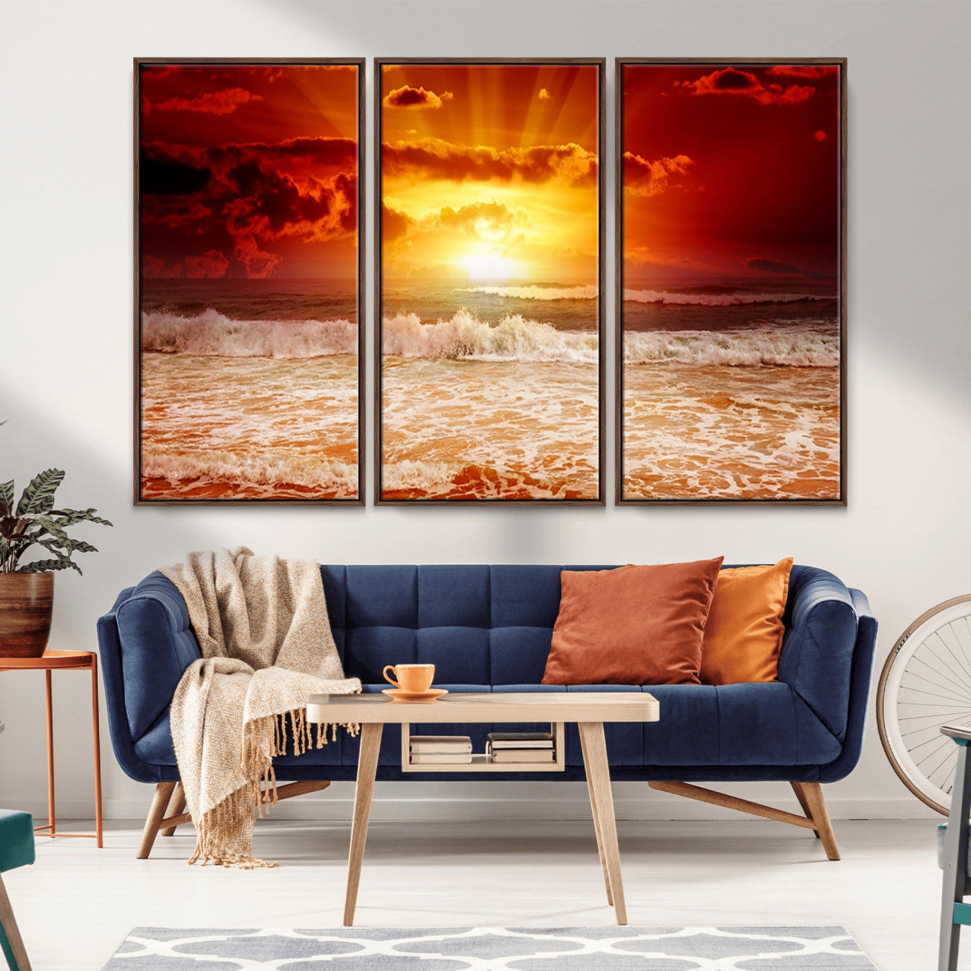 MGV-FC-48X32-3P - Red Sunset Ocean Beach Canvas Wall Art Beach Canvas, Coastal Sunset Print