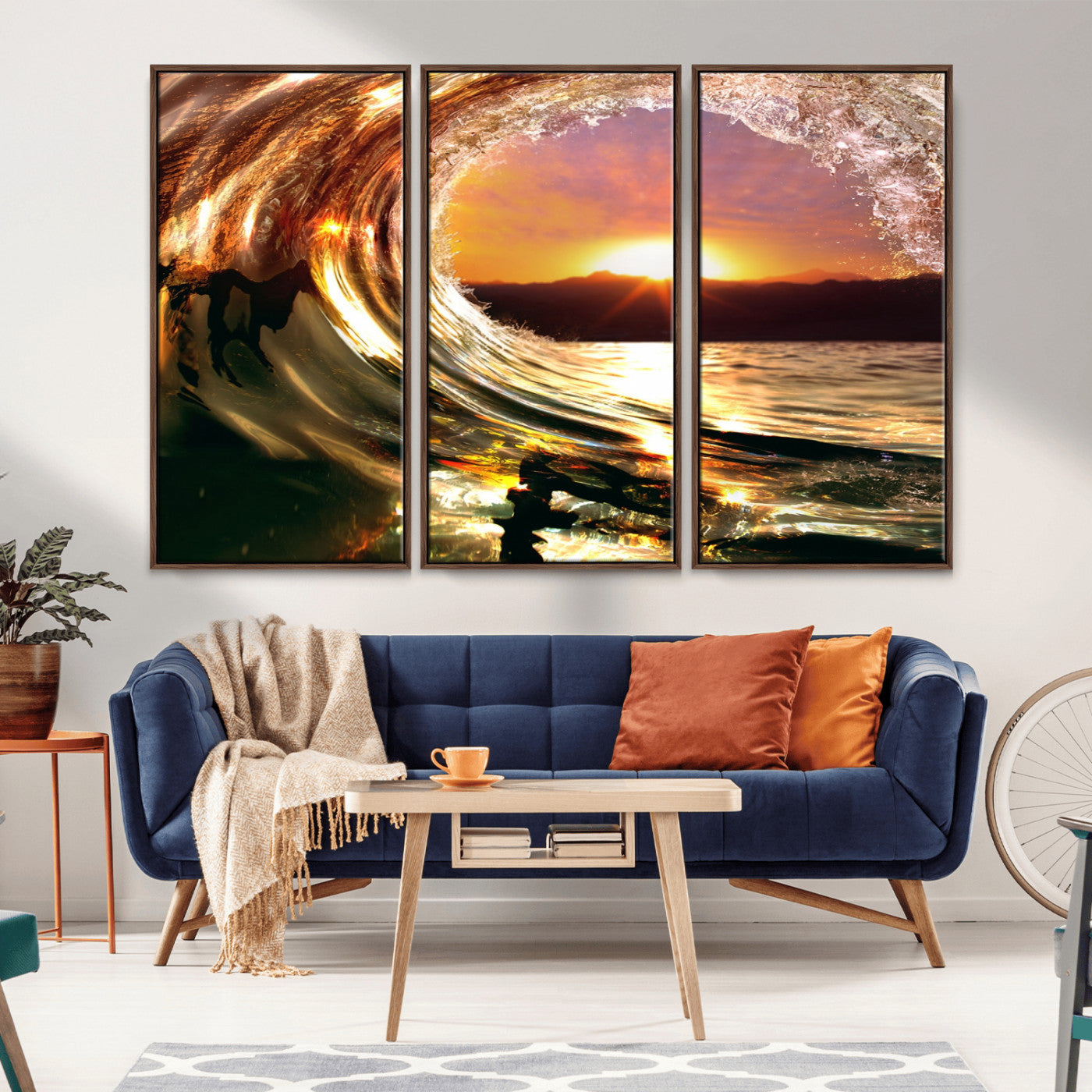 MGV-FC-48X32-3P - Golden Wave Sunset Triptych Canvas Art, Giclee Canvas Print of Ocean Wave and Sunset, Framed Ocean