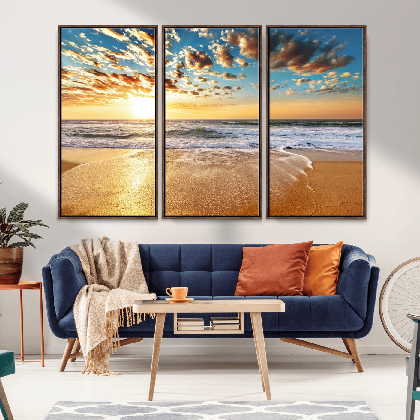 MGV-FC-48X32-3P - Golden Sunset Beach Print Canvas Wall Art, Giclee Canvas Print with Canon Print Quality, Triptych