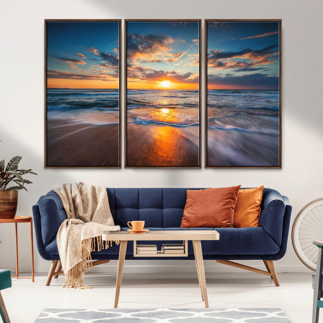 Sunset on the Ocean Beach with Waves, Reflections on Sand, Coastal Wall Art Print