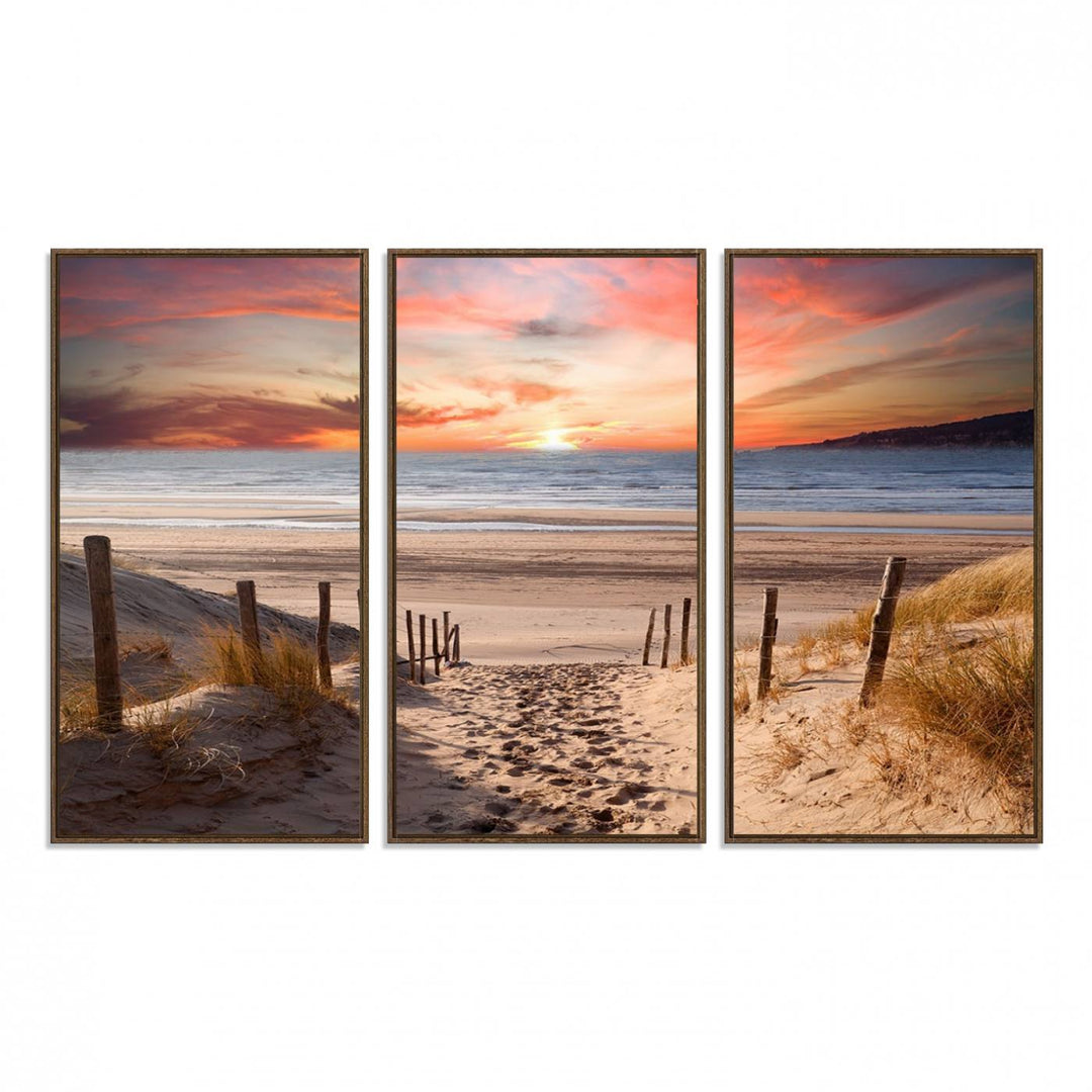 The Sunset on the Sea Wall Art Canvas Print beautifully captures a beach sunset and waves, enhanced with a UV-protective coating.