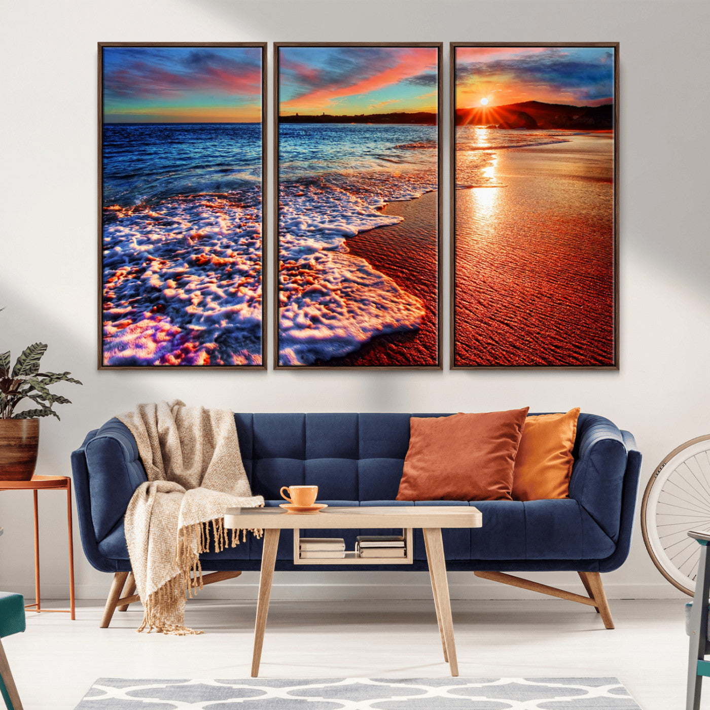 MGV-FC-48X32-3P - Colorful Coastal Sunset on the Beach Canvas Print, Ocean Waves Crashing at Dusk, Multi-Panel Seascape Vibrant Coastal Wall Art Canvas Print
