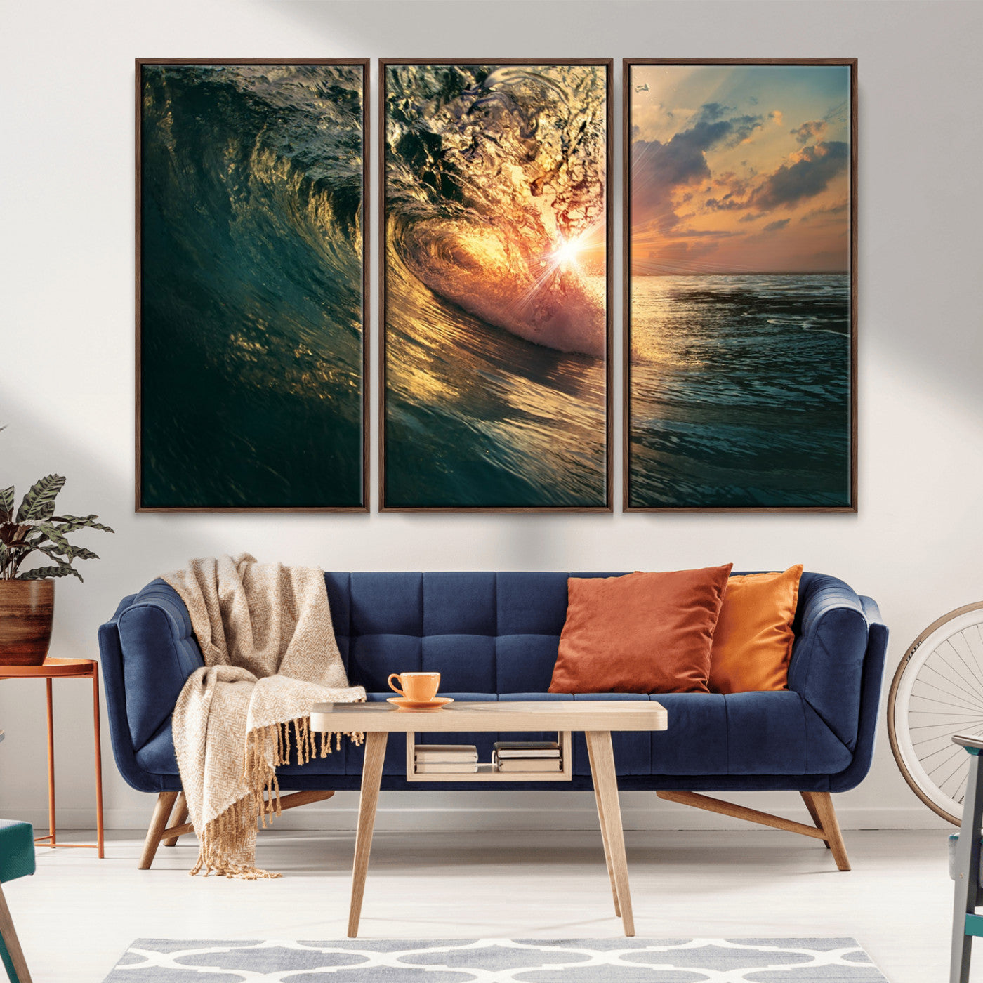 MGV-FC-48X32-3P - Ocean Wave Sunset Canvas Wall Art – Triptych Seascape Print – Framed and Ready to Hang for Living Room or Office