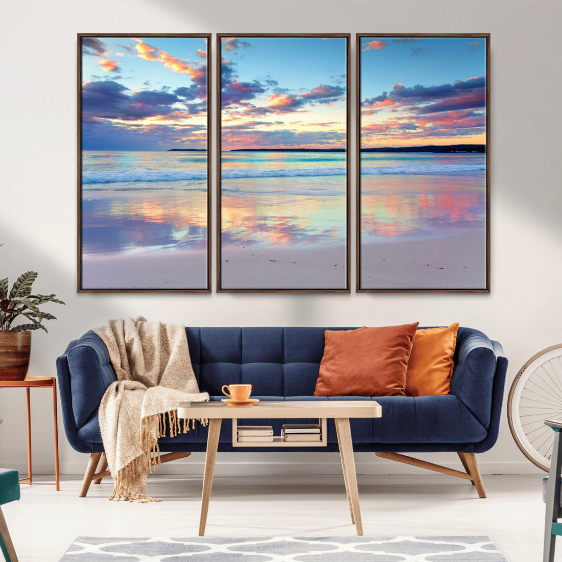 Tranquil Pastel Sunset Beach Triptych Canvas Art, Soothing Coastal Ocean Shoreline Print