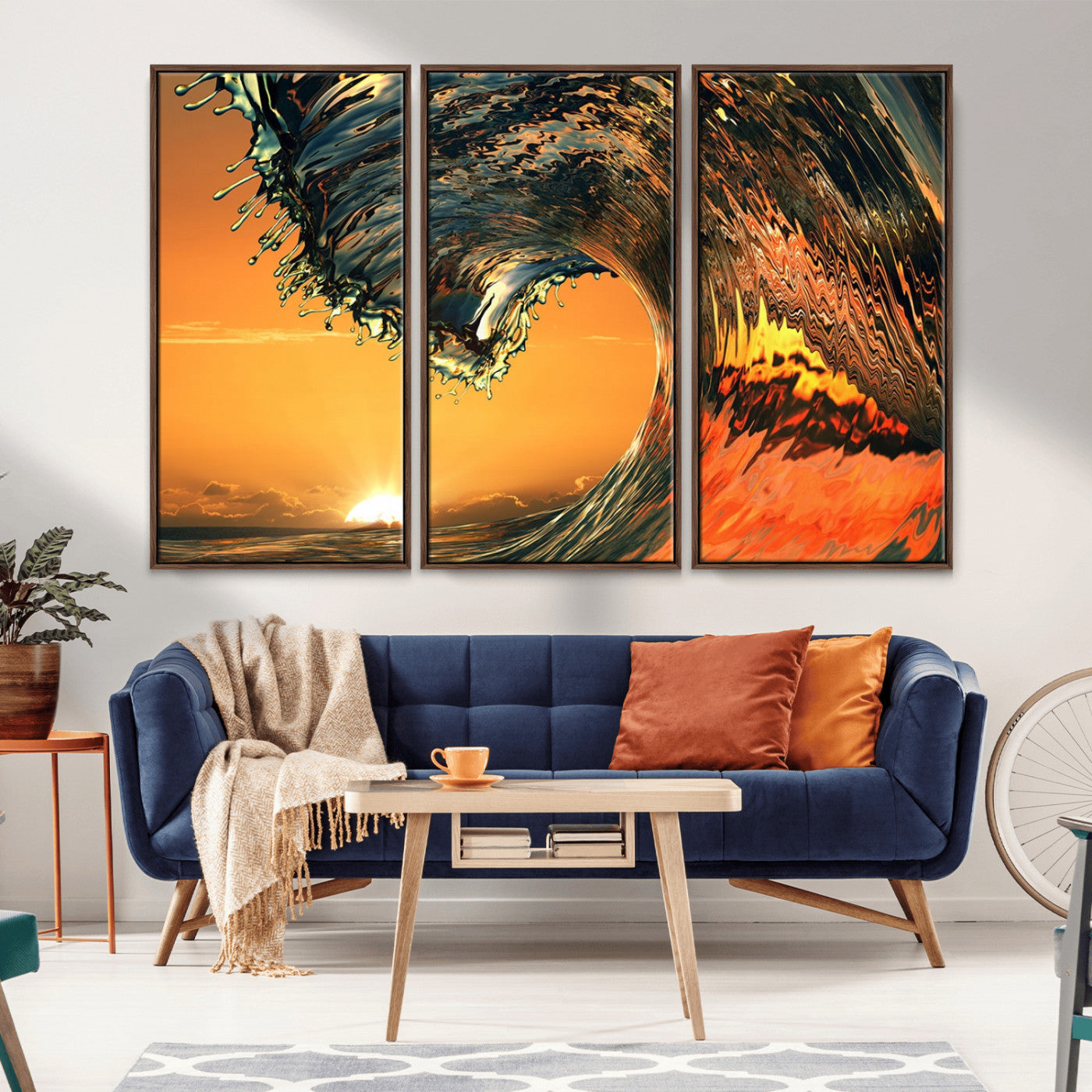 -Surf Wave Sunset Canvas Wall Art Print, 3-Panel Ocean Coastal Wall Art Print, Ocean Decor for