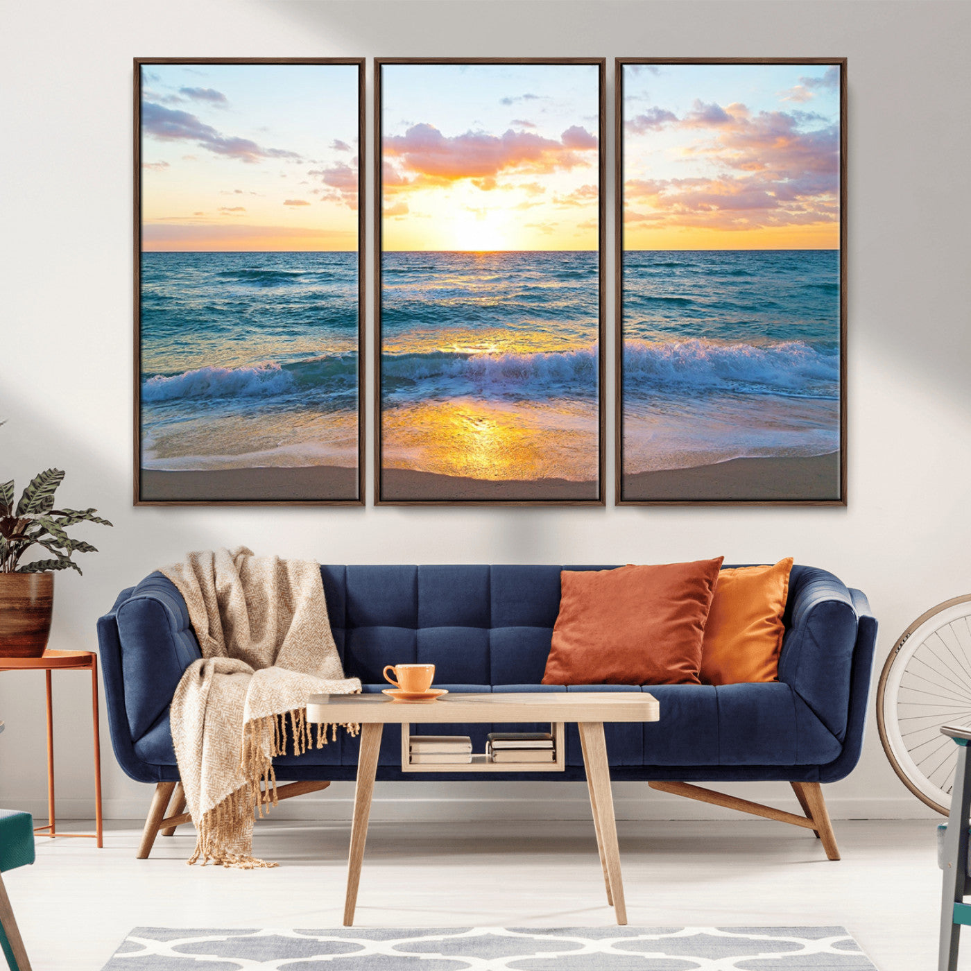 MGV-FC-48X32-3P - Ocean Sunset Triptych Canvas Wall Art, Giclee Beach Sunset Print with Gentle Waves, Coastal Art for Relaxation Spaces