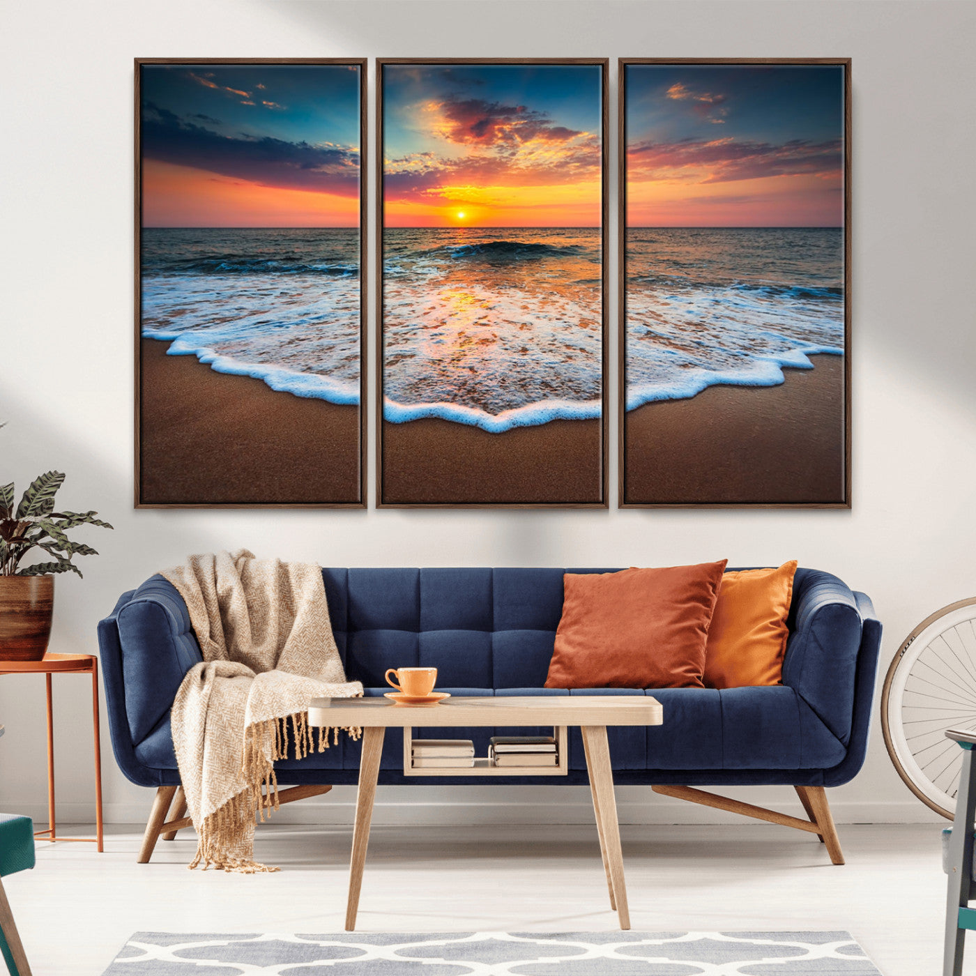 MGV-FC-48X32-3P - Sunset Beach Canvas Wall Art – Colorful Ocean Waves Triptych – Coastal Decor for Living Room or Bedroom – Framed and Ready to Hang