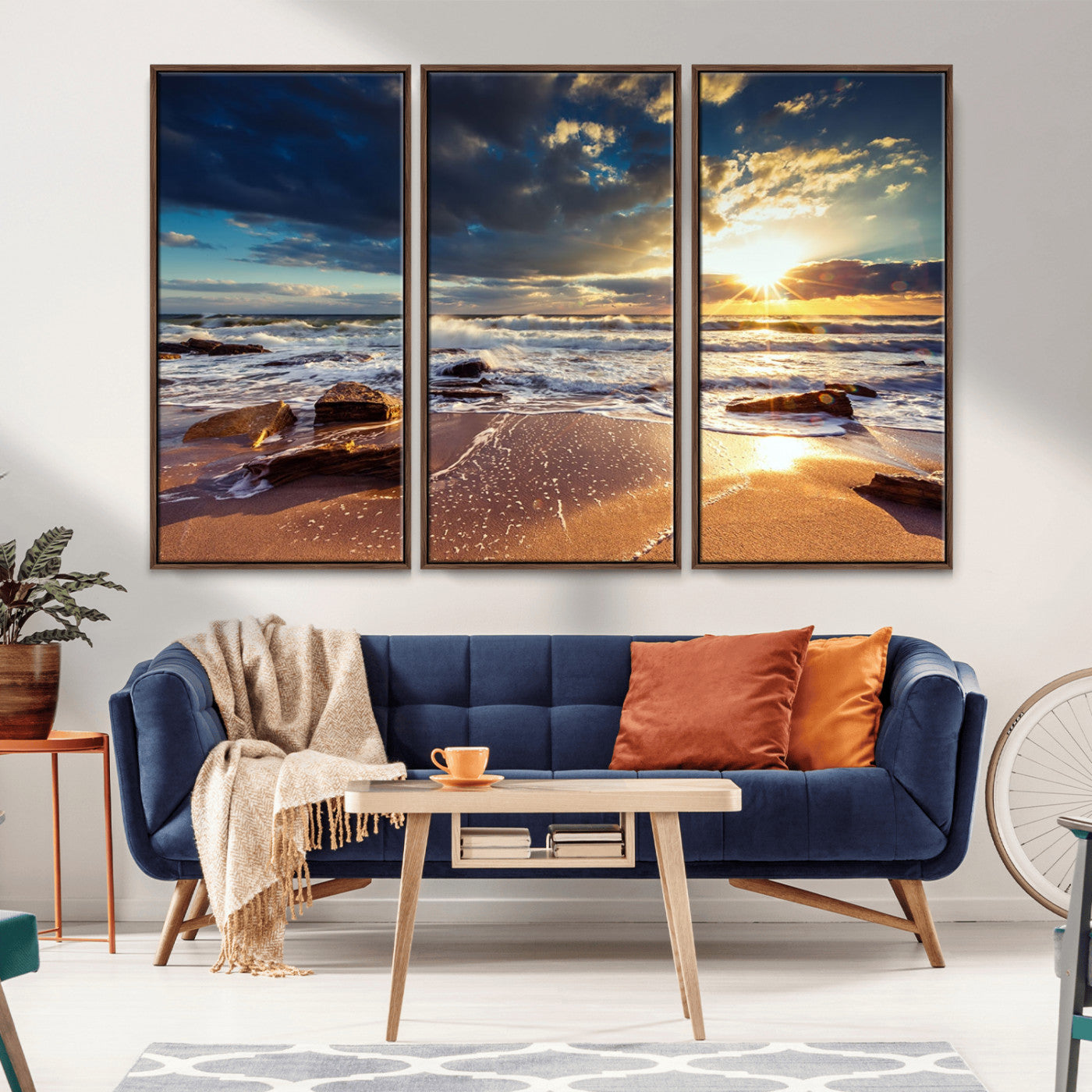 MGV-FC-48X32-3P - Golden Hour Beach Sunset Canvas Triptych, Ocean Waves and Rocks Wall Art for Coastal Home Decor