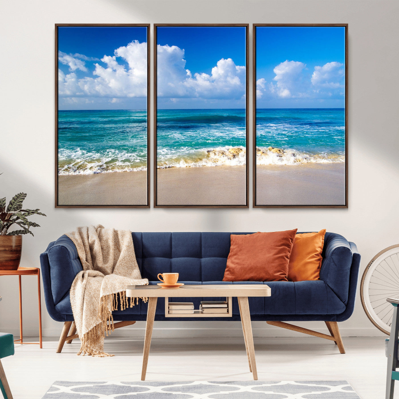 MGV-FC-48X32-3P - Tropical Beach 3-Panel Canvas Wall Art – Serene Ocean Waves and Blue Sky – Giclée Print for Living Room, Office, or Bedroom Coastal Decor