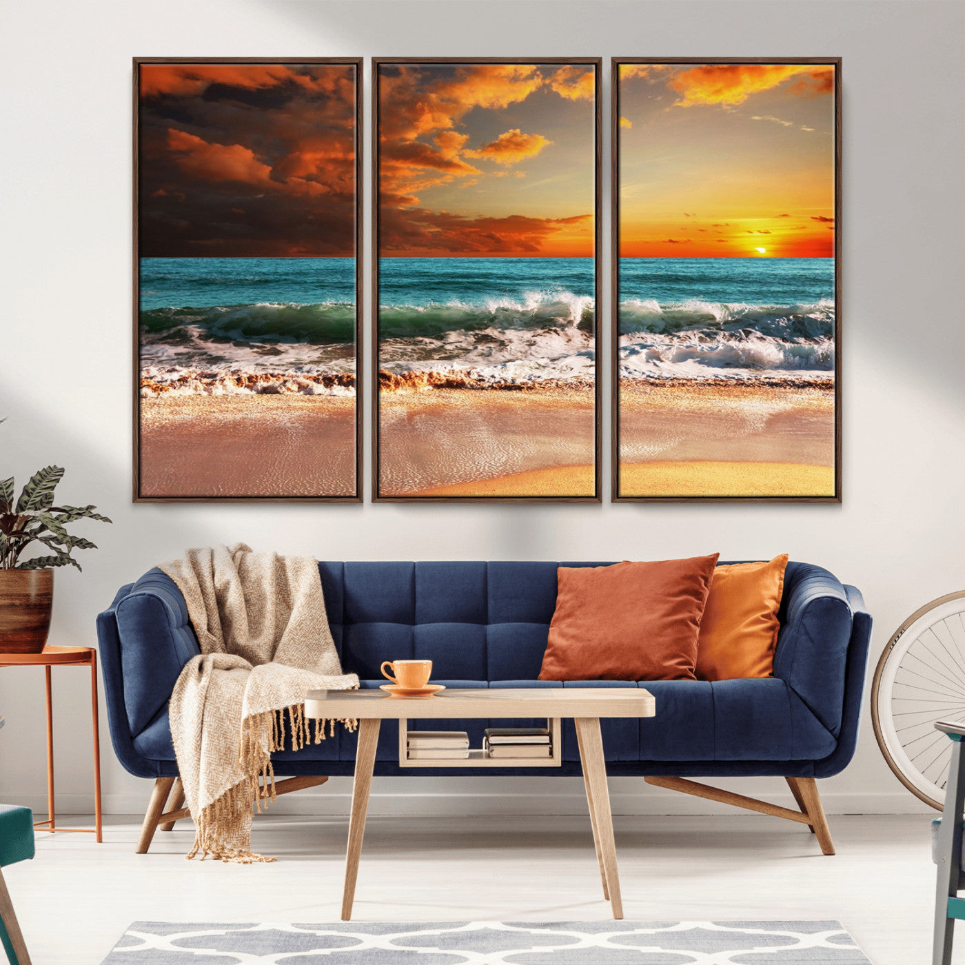 MGV-FC-48X32-3P - Golden Sunset Beach Canvas Wall Art – Triptych Seascape Print – Framed and Ready to Hang for Living Room or Office
