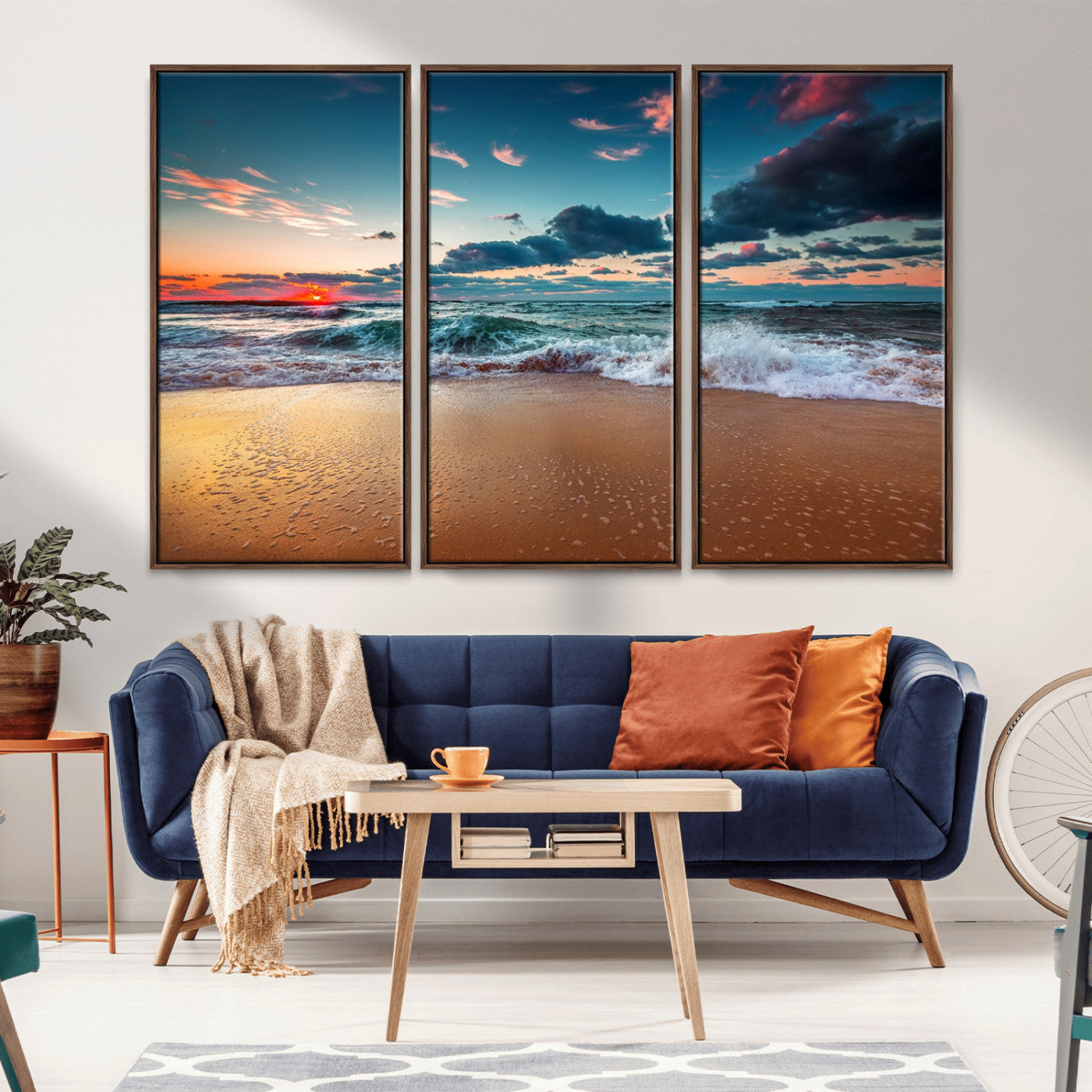 MGV-FC-48X32-3P - Sunset Ocean Beach Wall Art – Giclee Canvas Print, Coastal Seascape, Ready to Hang, Beach Decor, Large 3-Panel Set for Living Room