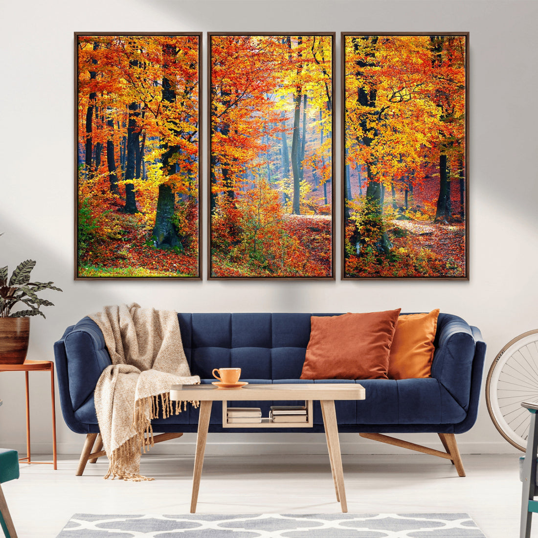 Autumn Red Forest Triptych Canvas Wall Art Print, Forest Wall Decor, Fall Landscape Art
