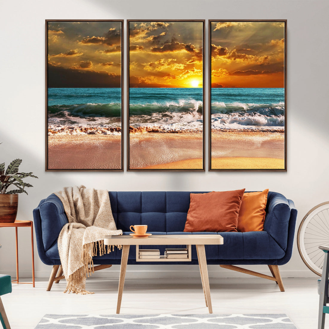 Golden Sunset Beach Canvas Wall Art | Triptych Seascape Print, Framed and Ready to Hang
