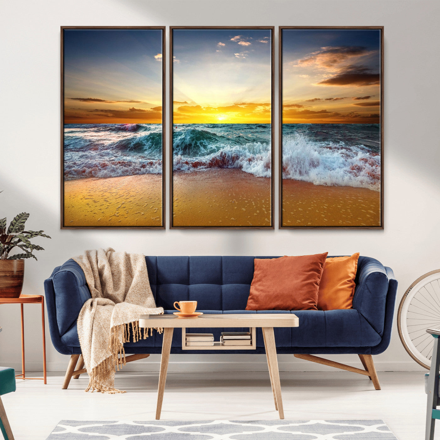 MGV-FC-48X32-3P - Golden Sunset Ocean Waves Wall Art Canvas Print – Multi Panel Beach Canvas Print Set – Large Coastal Triptych Print for Home or Farmhouse Decor