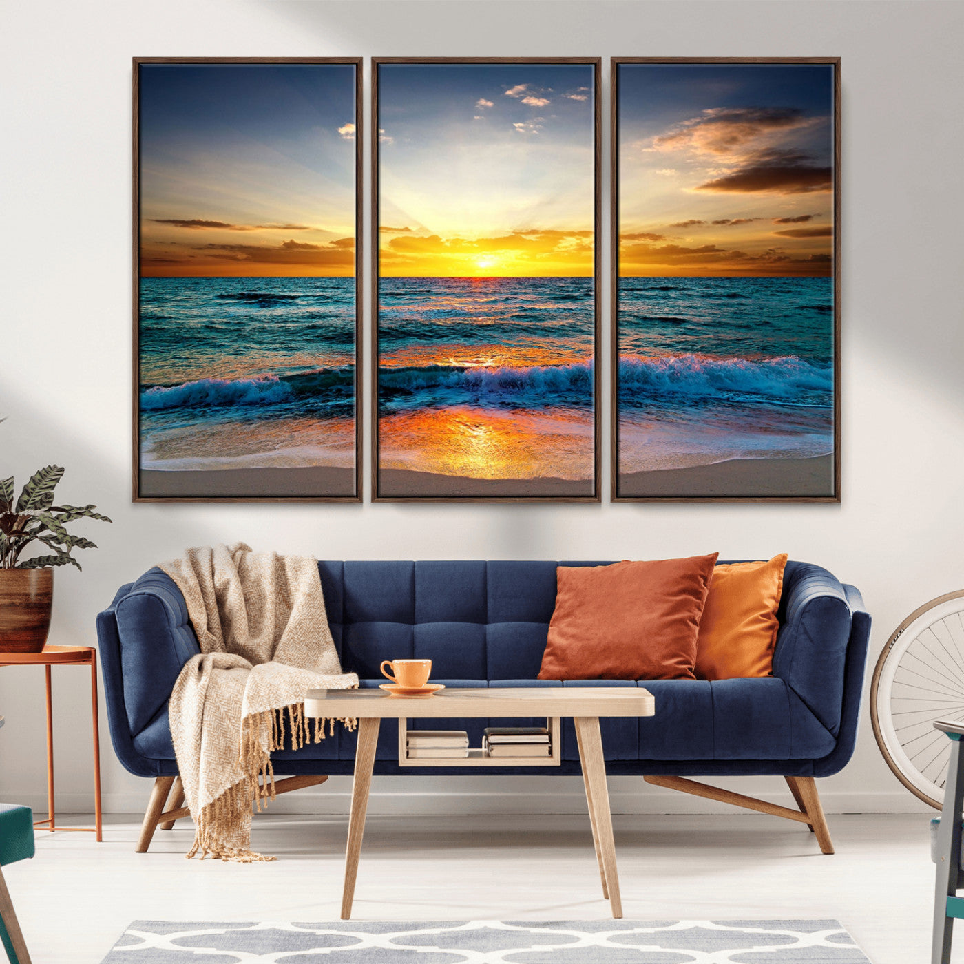 MGV-FC-48X32-3P - Vibrant Ocean Sunrise Over Golden Beach Waves, Giclee Canvas Wall Art Set, High-Quality Stretched Canvas Print, Ready to Hang Coastal Sunset Wall