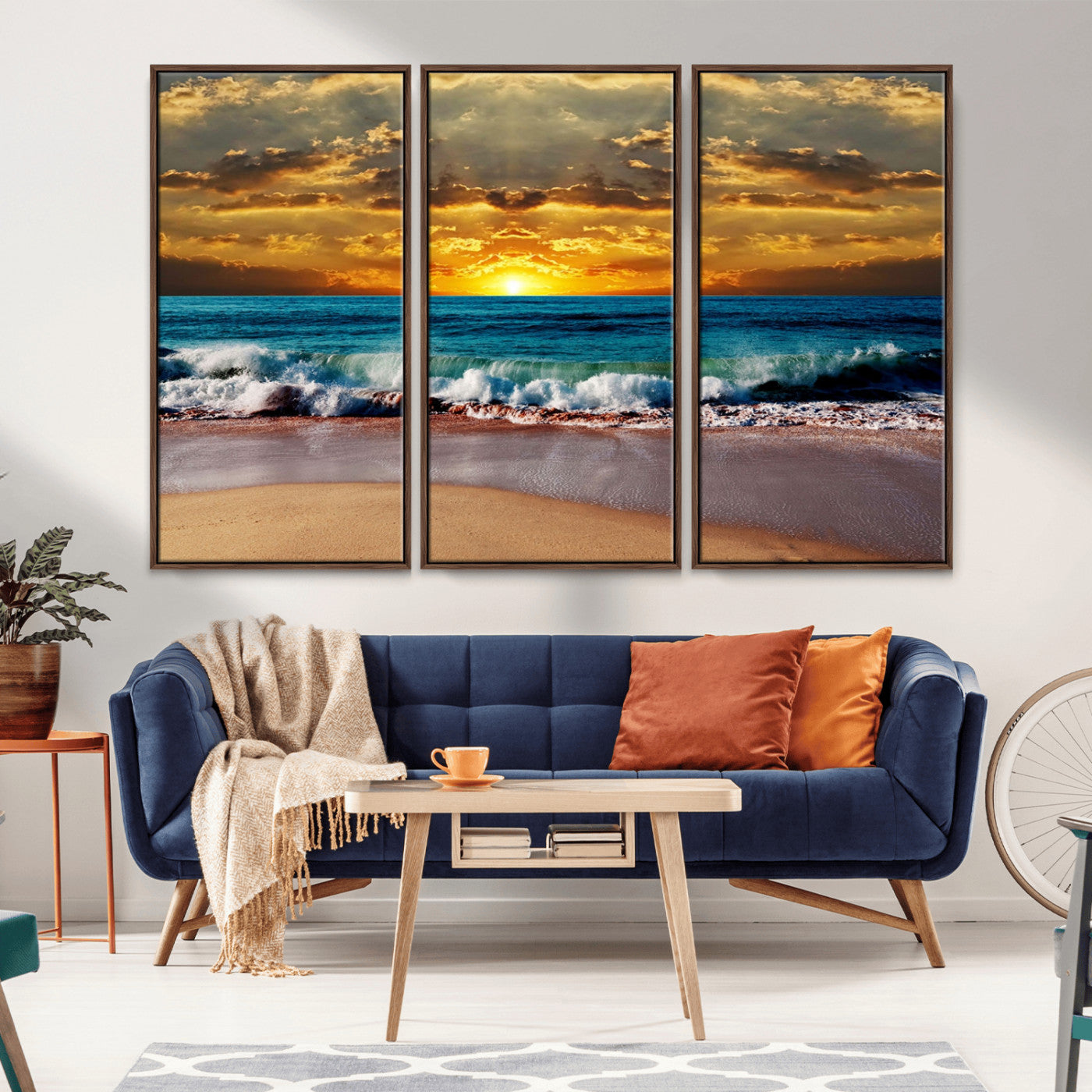MGV-FC-48X32-3P - Ocean Sunrise Over Golden Beach Waves, Giclee Canvas Wall Art Set, High-Quality Stretched Canvas Print, Ready to Hang Coastal Sunset Wall Decor