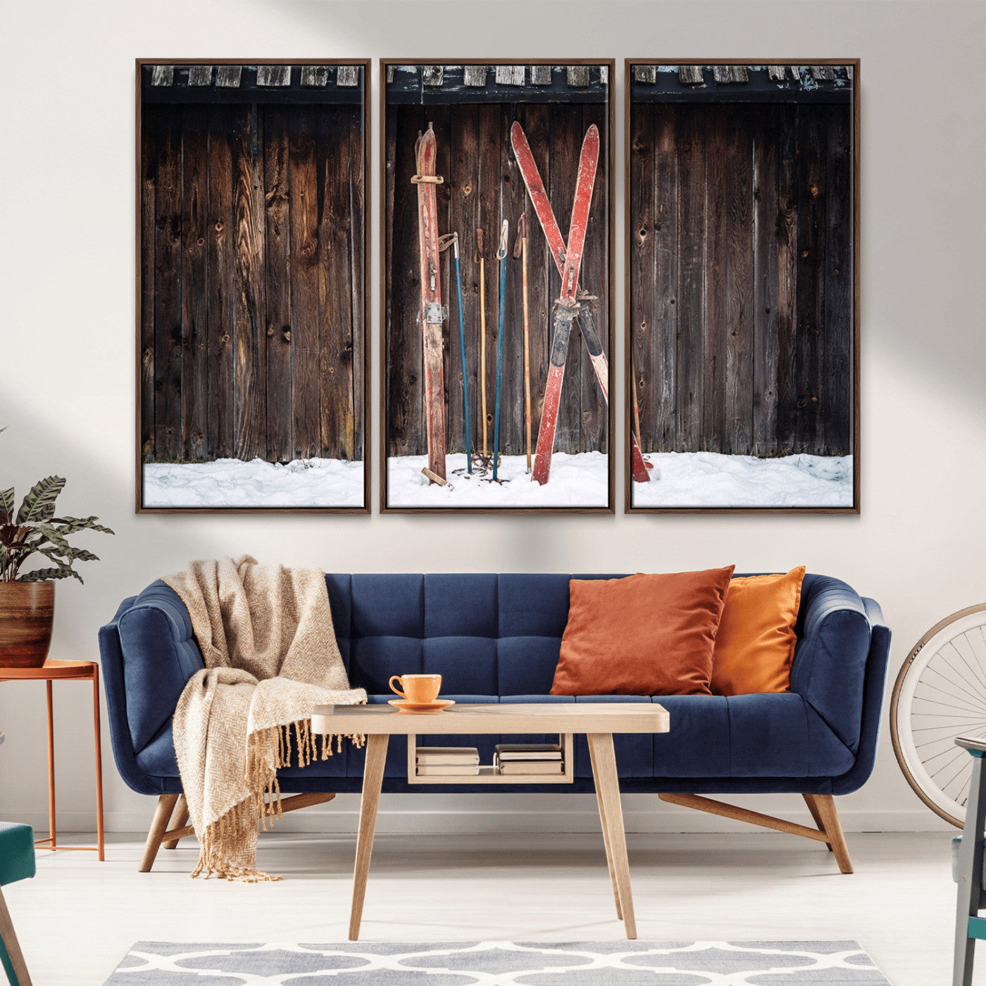 MGV-FC-48X32-3P - Vintage Ski Gear Against Wooden Cabin Wall, Rustic Winter Sports Equipment Canvas Print, Ready to Hang Wall Art, Perfect for Lodge or Ski Cabin Decor