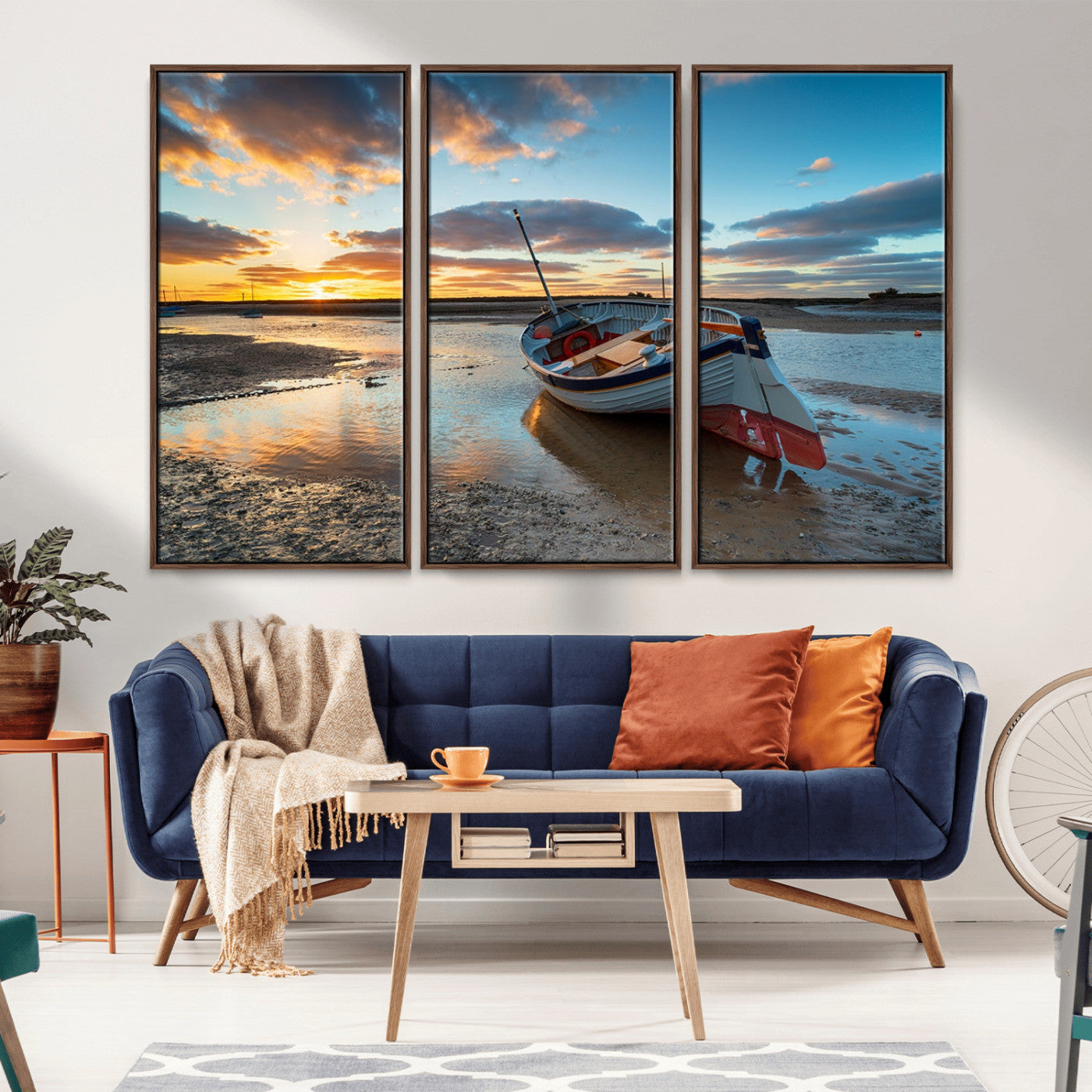 MGV-FC-48X32-3P - Small Boat At The Beach Sunset Wall Art, Boat Sunset Wall Art Canvas Print