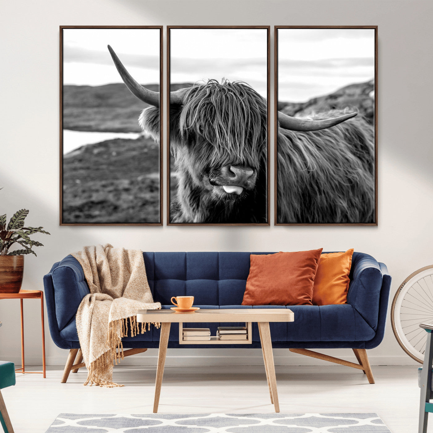 MGV-FC-48X32-3P - Highland Cow Canvas Wall Art – Black and White Animal Portrait – Framed and Ready to Hang Rustic Farmhouse Decor for Living Room or Office